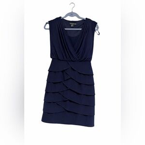Jessica Howard Navy Blue Ruffle Cocktail Dress Petite 4P V-Neck Layered Elegant